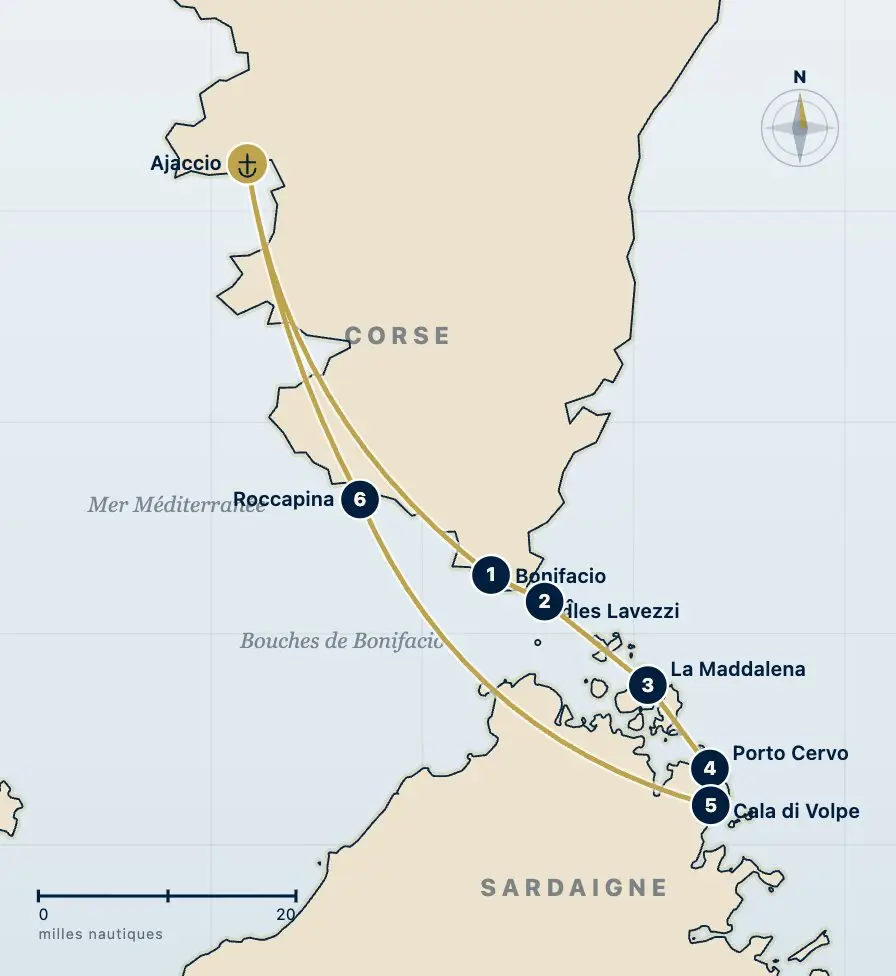 Carte de l'itinéraire croisière Nord Sardaigne : Ajaccio, Bonifacio, îles Lavezzi et Cavallo, archipel de la Maddalena, Porto Cervo, Cala di Volpe, Roccapina
