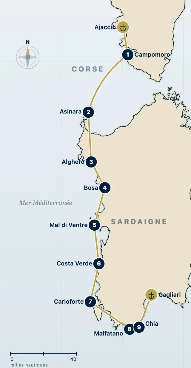 Carte de l'itinéraire croisière Ouest Sardaigne : Ajaccio, Campomoro, Asinara, Alghero, Bosa, Costa Verde, Carloforte, Chia, Cagliari